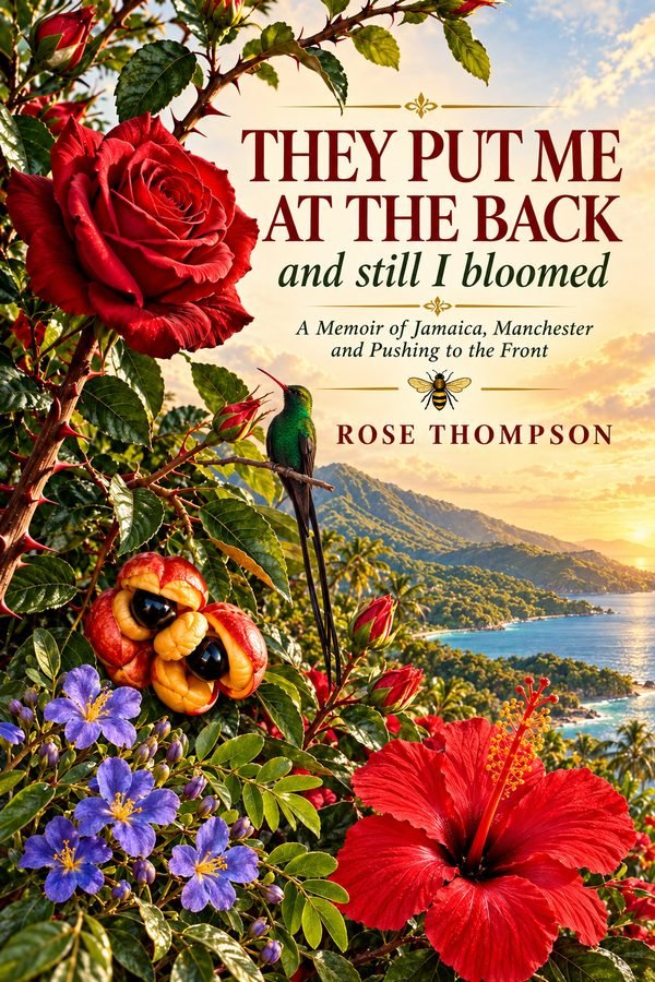 Book cover: They Put Me at the Back and still I bloomed by Rose Thompson — a red rose, a hummingbird, ackee and hibiscus above a Jamaican coastline